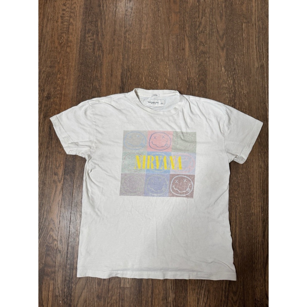 Abercrombie & Fitch Nirvana Smiley Face Graphic Tee White Size L Relaxed Fit